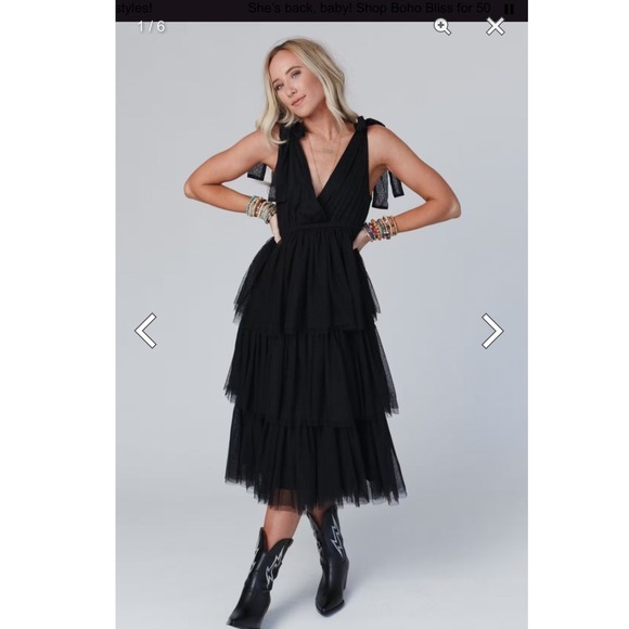 Three Bird Nest Dresses & Skirts - Three Bird Nest BohoBlack Tulle Tiered Midi Dress Swiss Dot Tie Shoulder V-Neck